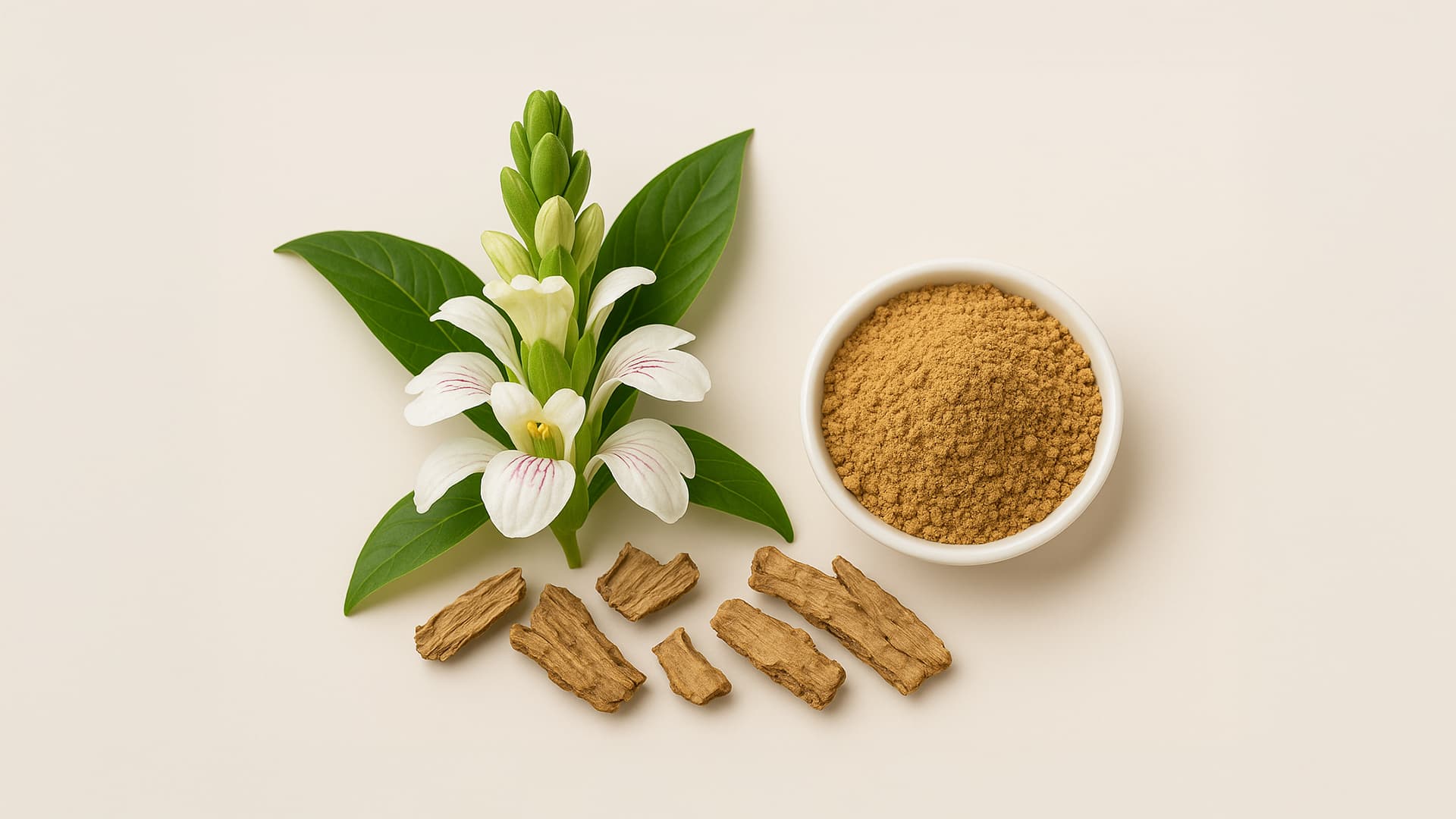 Vasaka Natural Extract bottle and Vasaka leaves