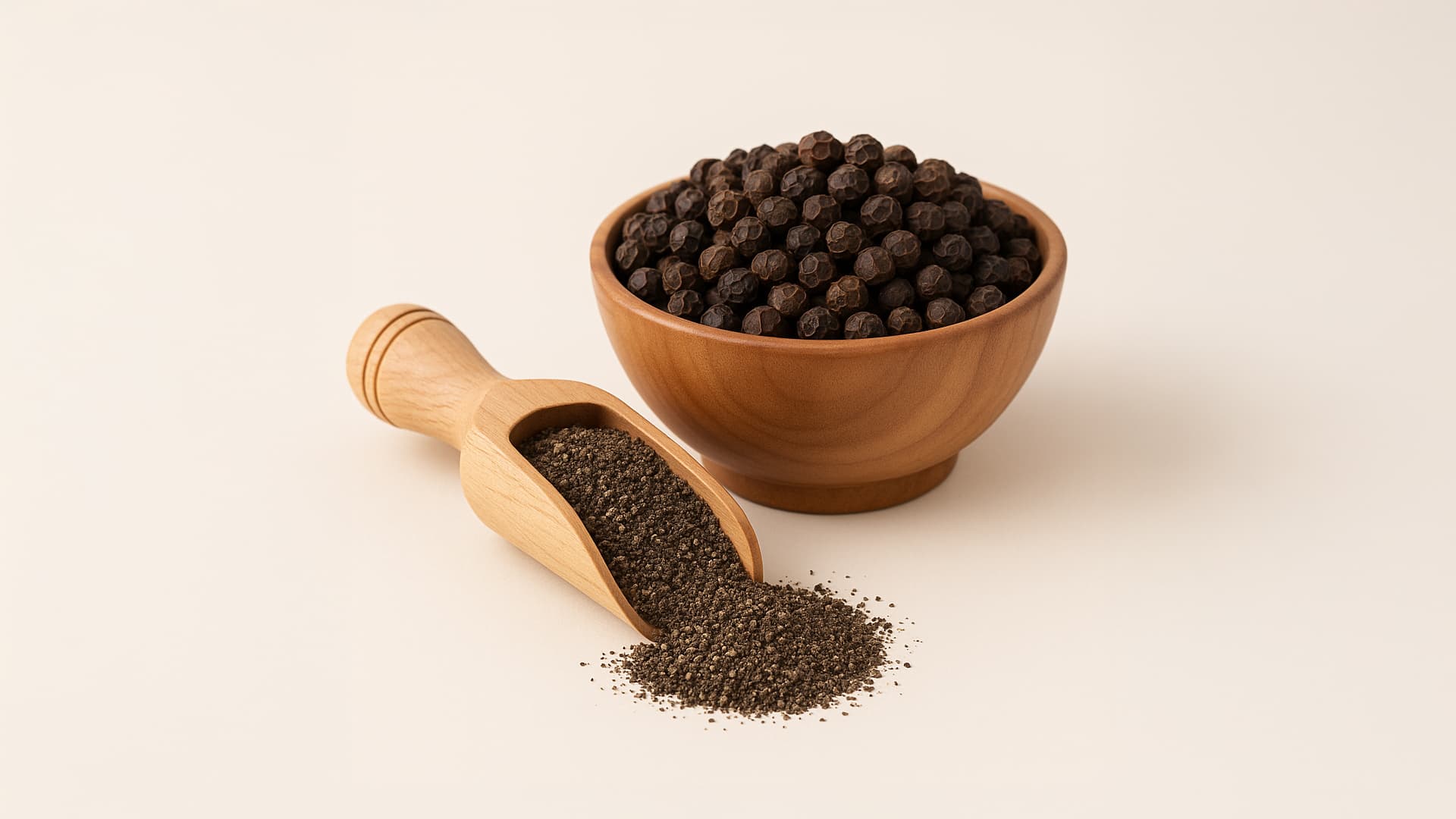 Black Pepper Essential Oil bottle and peppercorns